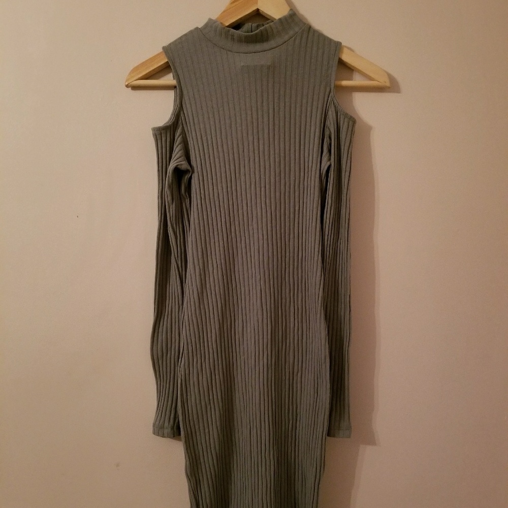 Open shoulder light blue sweater dress.